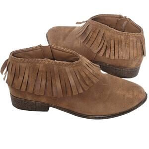 Brown Fringe Boots Faux Leather Ankle Moccasin Ankle Booties Sz 6
